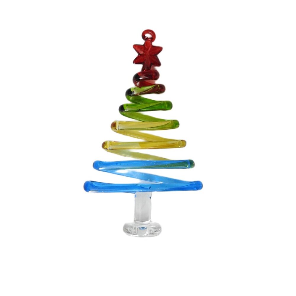 Vintage Pier 1 Spiral Rainbow Colored Glass Christmas Tree-Shaped Ornament 5"